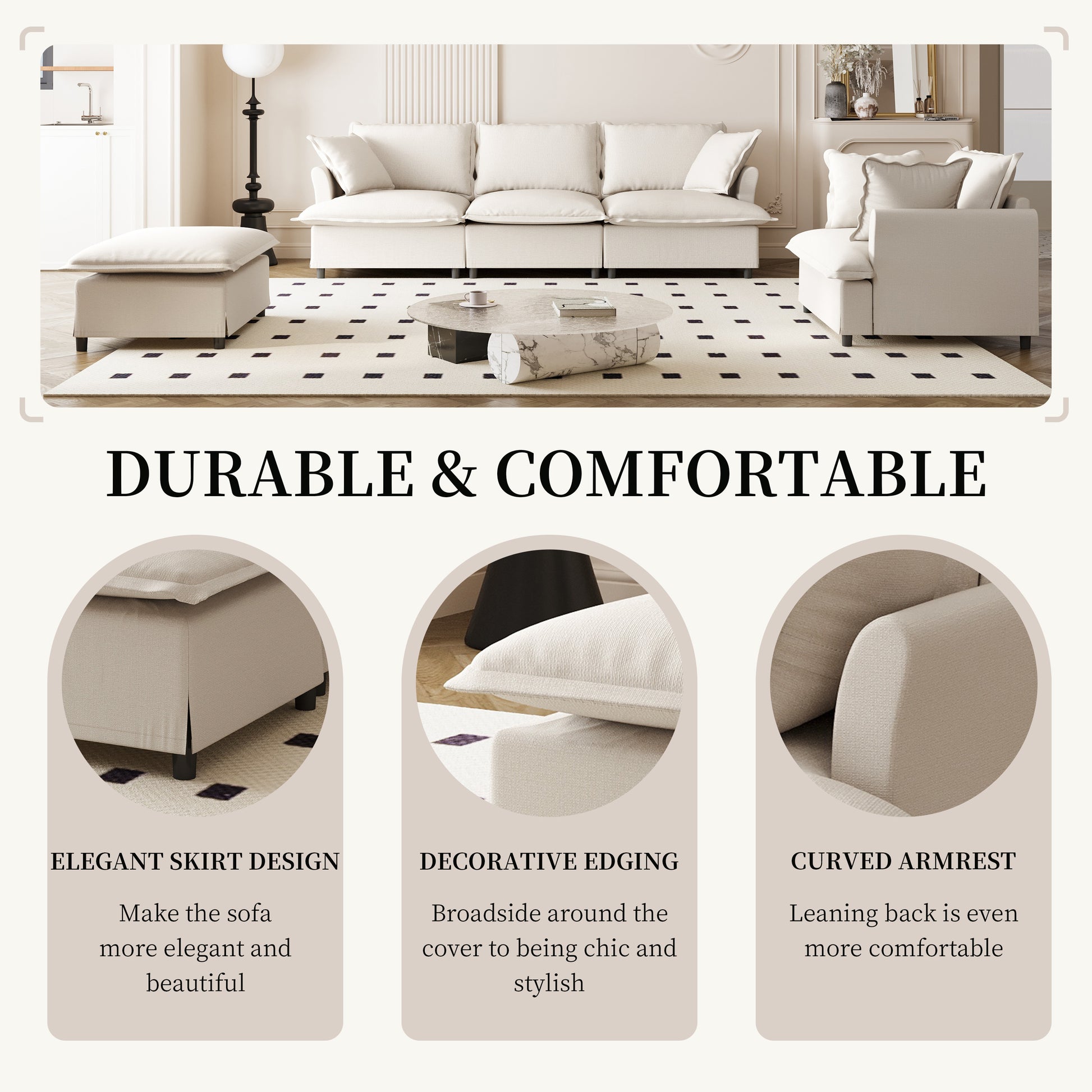 [New+Video] 3 Piece Living Room Sofa Set,Modular L Shaped Chenille Sectional Couch,Upholstered 3 Seater Sofa & Armchair & Movable Ottoman,5 Seat Indoor Furniture for Office,Bedroom,Apartment,2 Colors