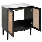 30-inch bathroom vanity crafted from natural materials, featuring handmade rattan doors and soft-closing mechanisms
