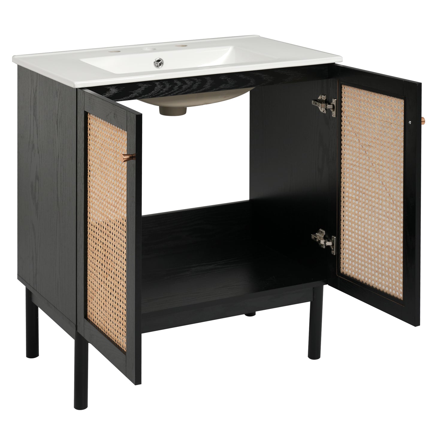 30-inch bathroom vanity crafted from natural materials, featuring handmade rattan doors and soft-closing mechanisms