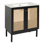 30-inch bathroom vanity crafted from natural materials, featuring handmade rattan doors and soft-closing mechanisms