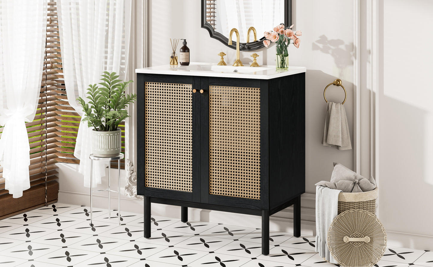 30-inch bathroom vanity crafted from natural materials, featuring handmade rattan doors and soft-closing mechanisms