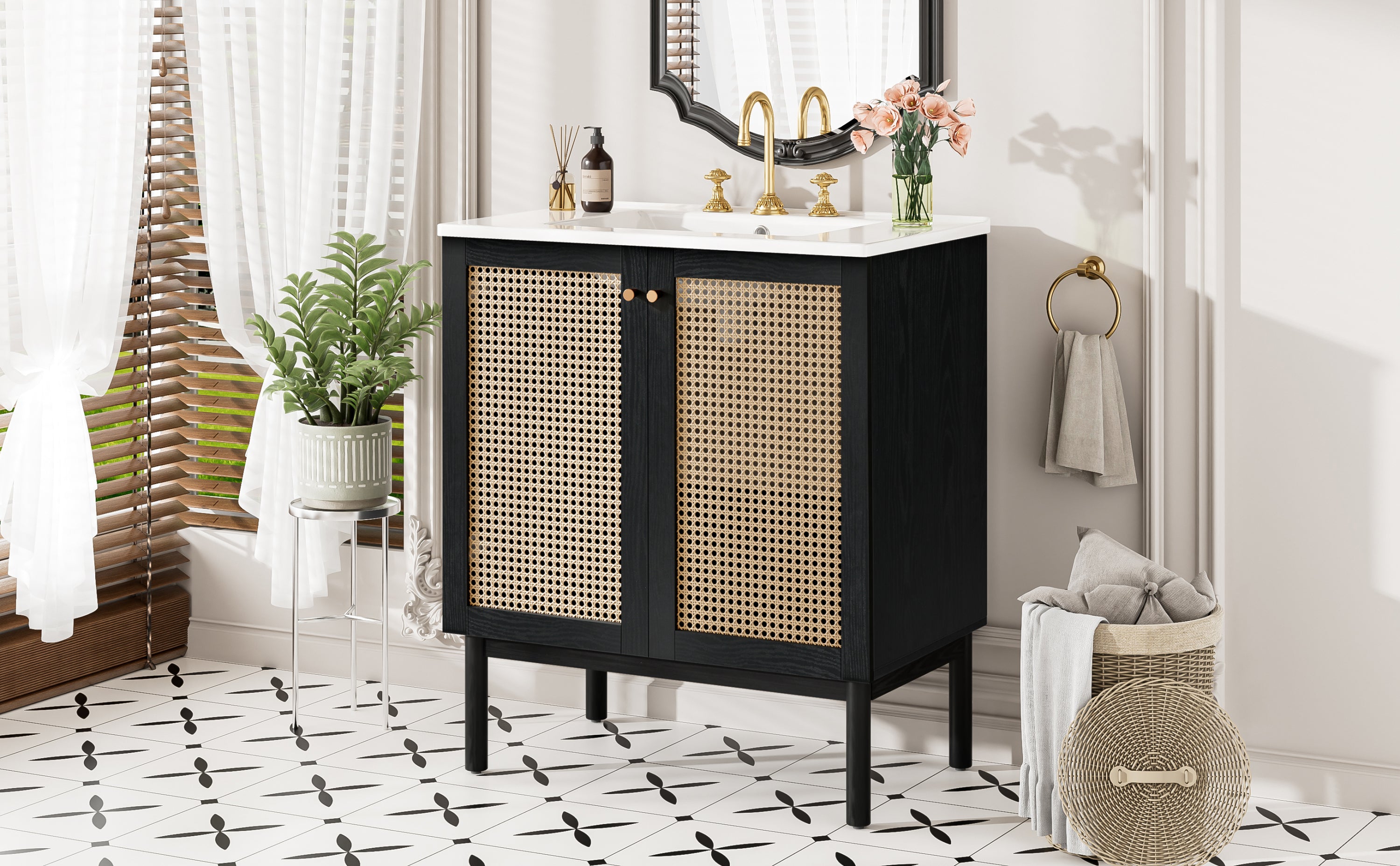30-inch bathroom vanity crafted from natural materials, featuring handmade rattan doors and soft-closing mechanisms