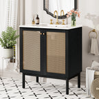 30-inch bathroom vanity crafted from natural materials, featuring handmade rattan doors and soft-closing mechanisms