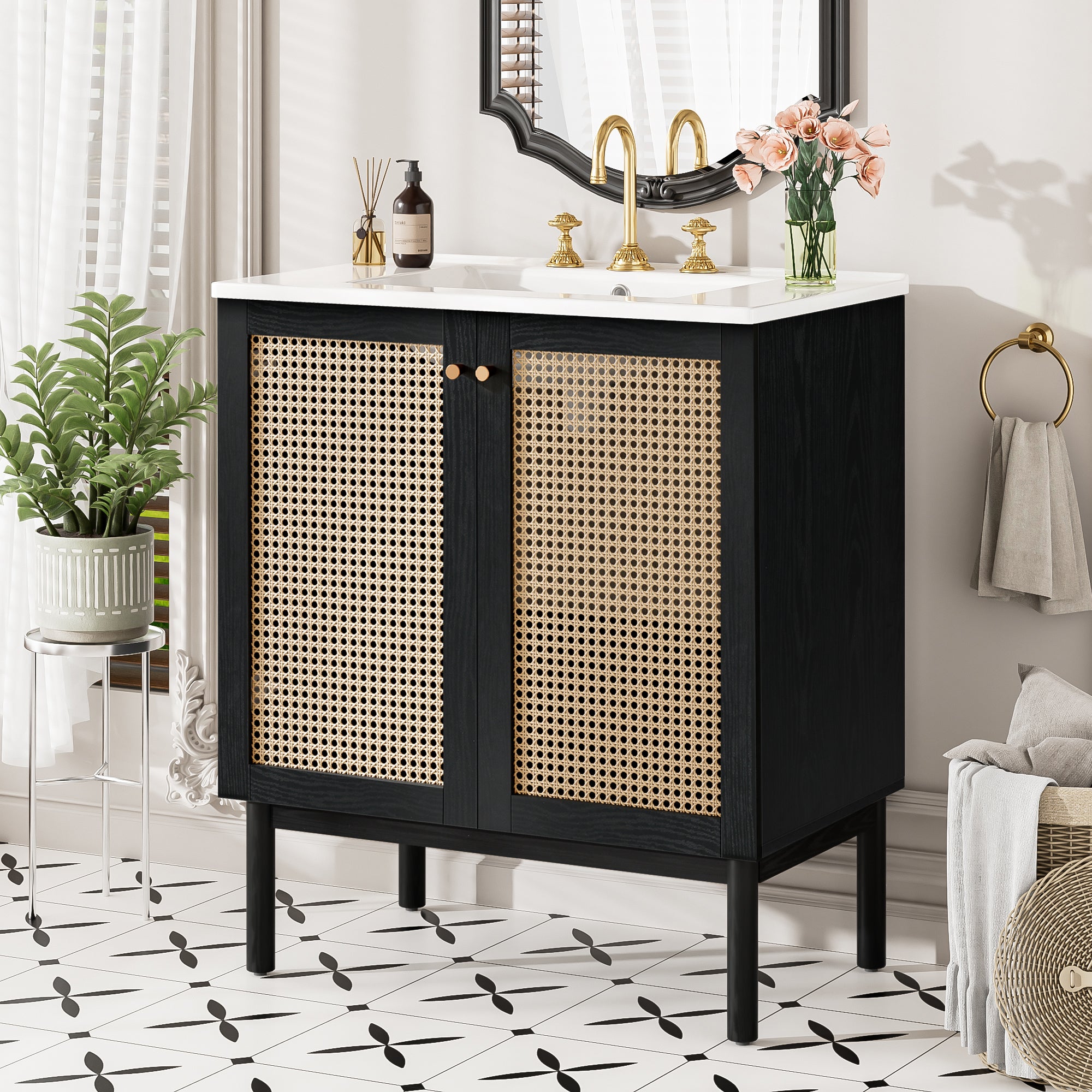 30-inch bathroom vanity crafted from natural materials, featuring handmade rattan doors and soft-closing mechanisms