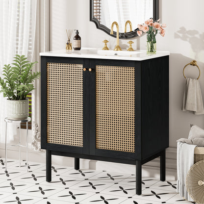 30-inch bathroom vanity crafted from natural materials, featuring handmade rattan doors and soft-closing mechanisms