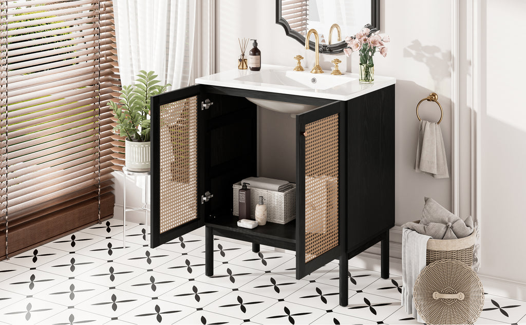 30-inch bathroom vanity crafted from natural materials, featuring handmade rattan doors and soft-closing mechanisms