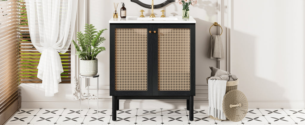 30-inch bathroom vanity crafted from natural materials, featuring handmade rattan doors and soft-closing mechanisms