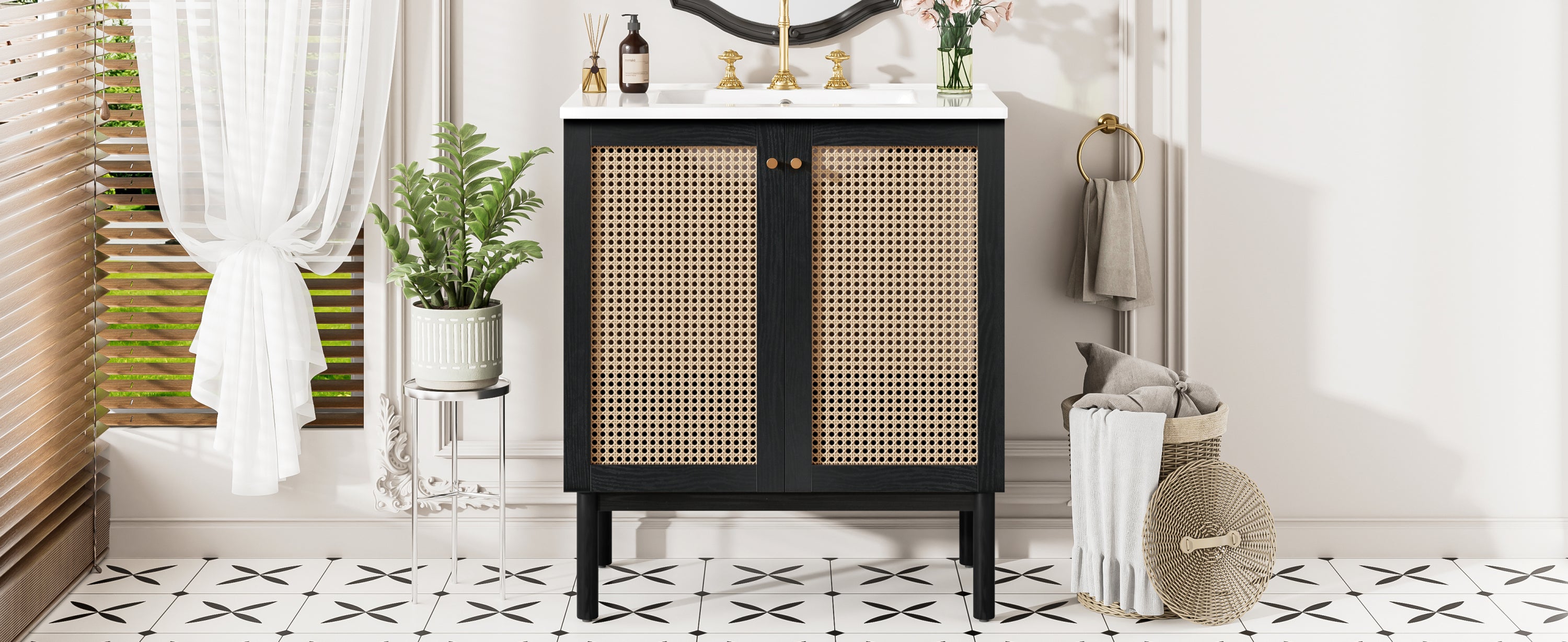 30-inch bathroom vanity crafted from natural materials, featuring handmade rattan doors and soft-closing mechanisms