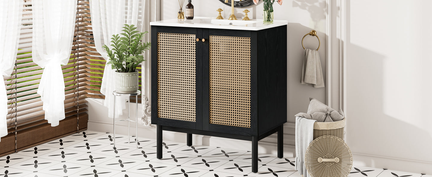 30-inch bathroom vanity crafted from natural materials, featuring handmade rattan doors and soft-closing mechanisms