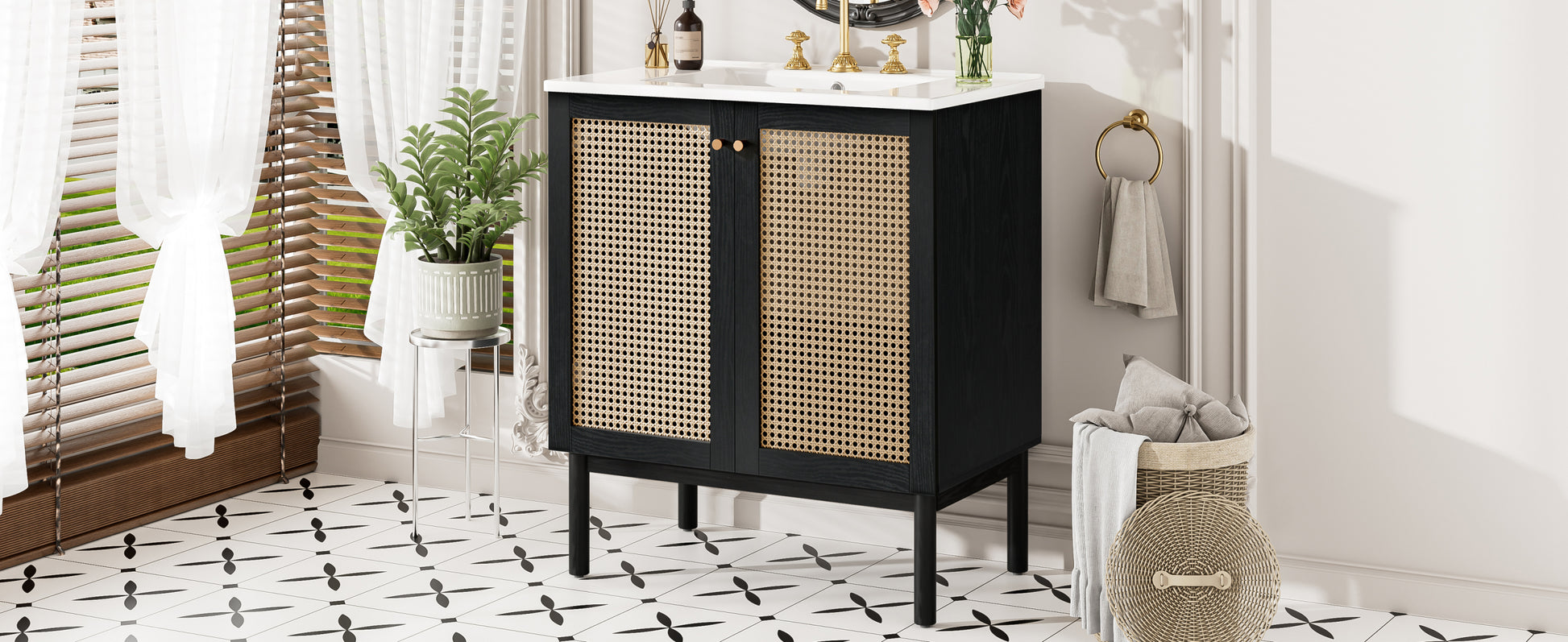 30-inch bathroom vanity crafted from natural materials, featuring handmade rattan doors and soft-closing mechanisms