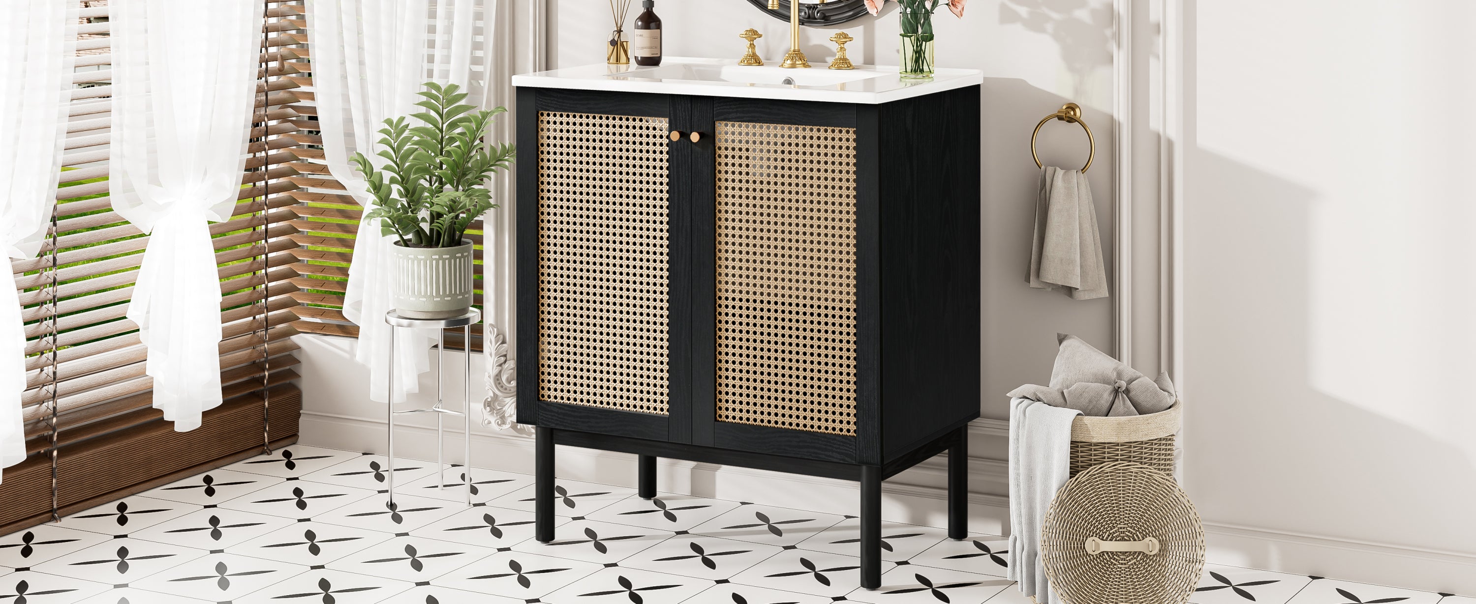 30-inch bathroom vanity crafted from natural materials, featuring handmade rattan doors and soft-closing mechanisms