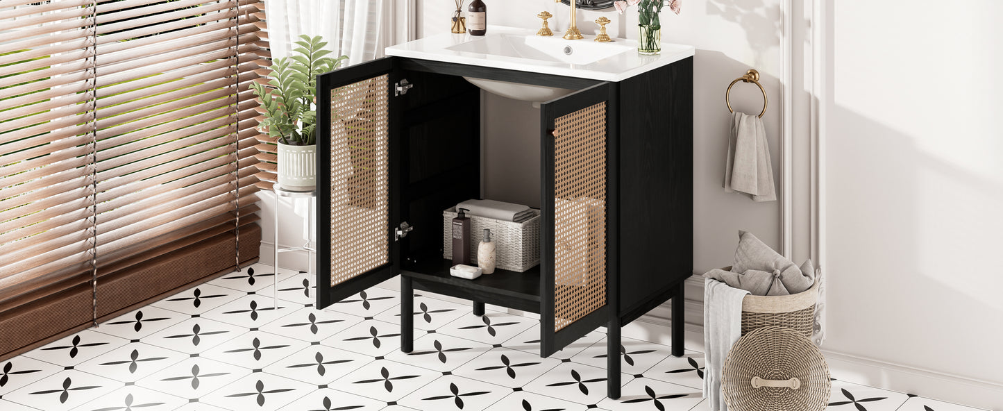 30-inch bathroom vanity crafted from natural materials, featuring handmade rattan doors and soft-closing mechanisms