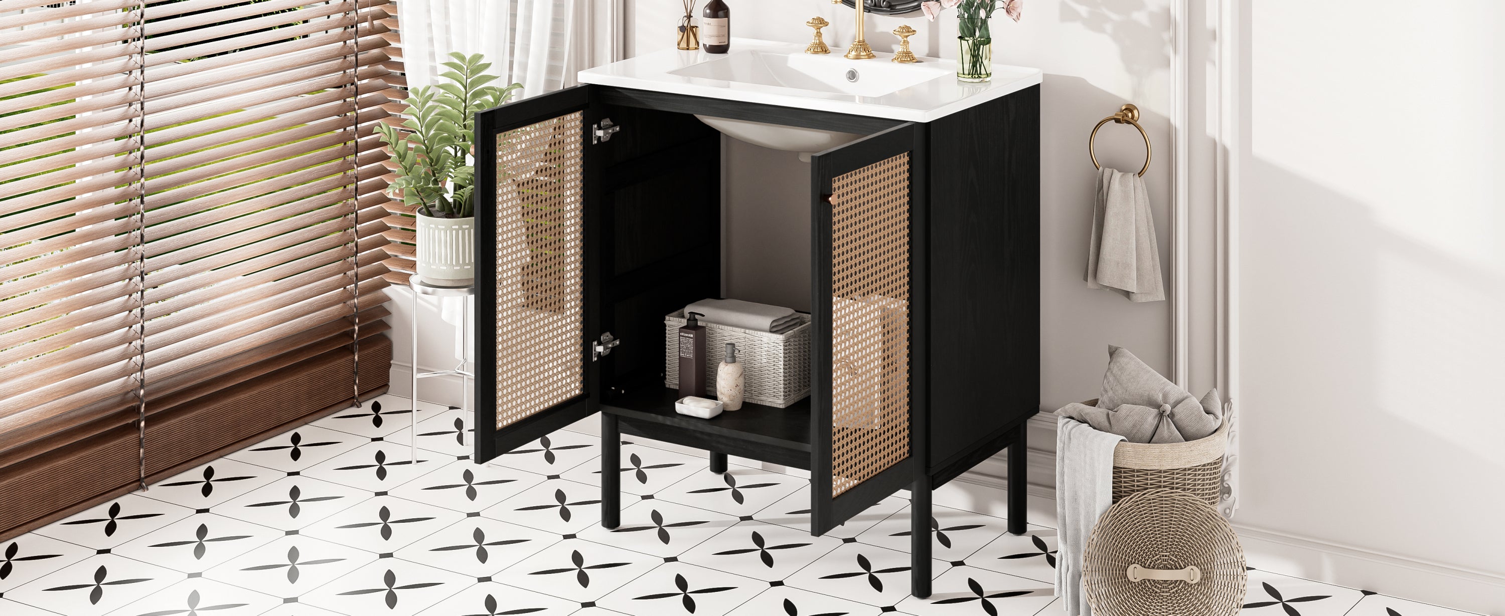 30-inch bathroom vanity crafted from natural materials, featuring handmade rattan doors and soft-closing mechanisms