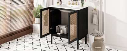 30-inch bathroom vanity crafted from natural materials, featuring handmade rattan doors and soft-closing mechanisms