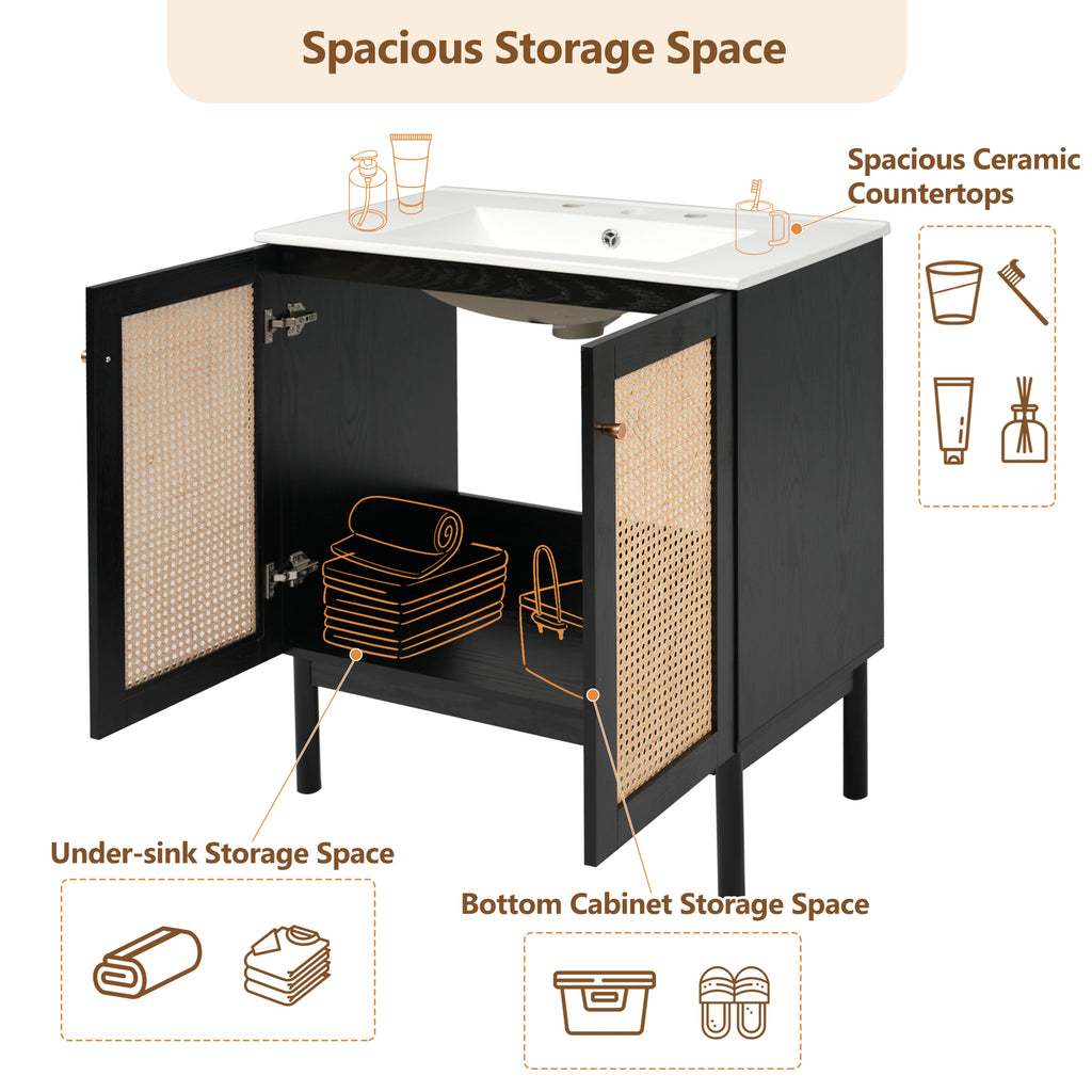 30-inch bathroom vanity crafted from natural materials, featuring handmade rattan doors and soft-closing mechanisms