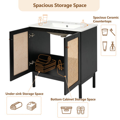 30-inch bathroom vanity crafted from natural materials, featuring handmade rattan doors and soft-closing mechanisms