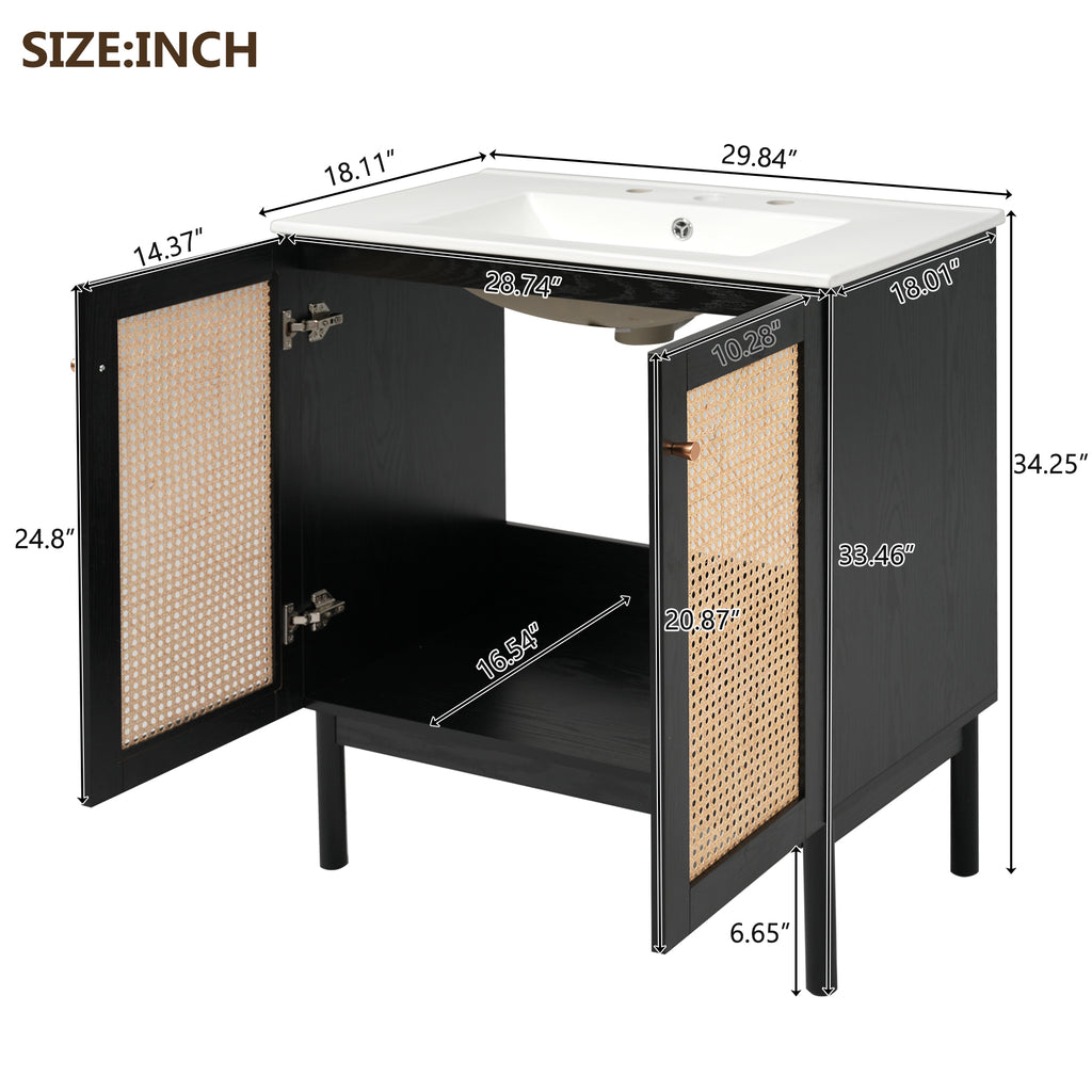 30-inch bathroom vanity crafted from natural materials, featuring handmade rattan doors and soft-closing mechanisms