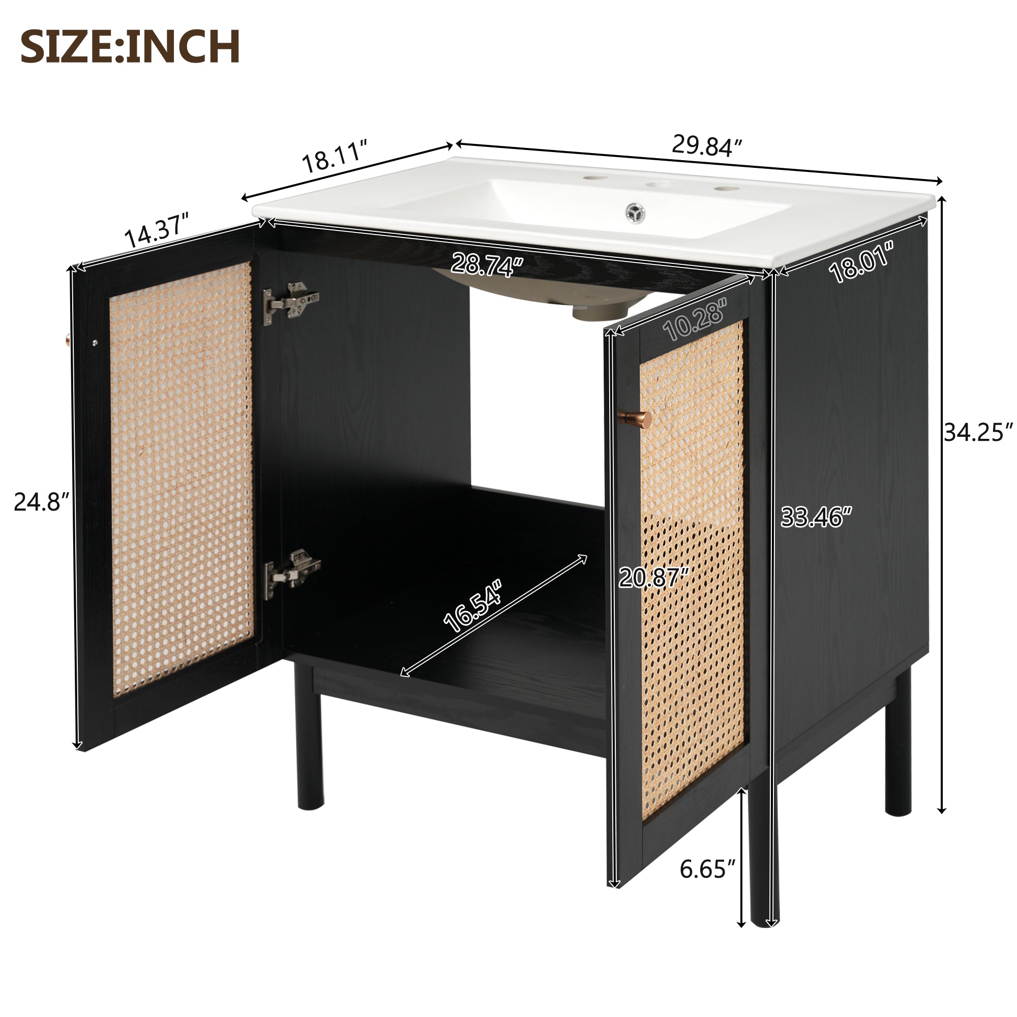 30-inch bathroom vanity crafted from natural materials, featuring handmade rattan doors and soft-closing mechanisms