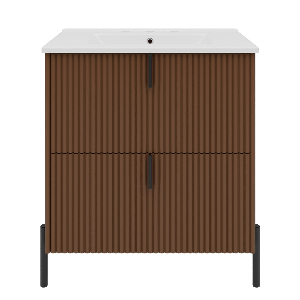 30' Bathroom Vanity with Ceramic Sink, Equipped with Vertical Pulls and Full-Extension Drawers, Freestanding Bathroom Vanity with Soft Close Drawer Slides, Fluted Design, Dark Brown
