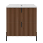 30' Bathroom Vanity with Ceramic Sink, Equipped with Vertical Pulls and Full-Extension Drawers, Freestanding Bathroom Vanity with Soft Close Drawer Slides, Fluted Design, Dark Brown