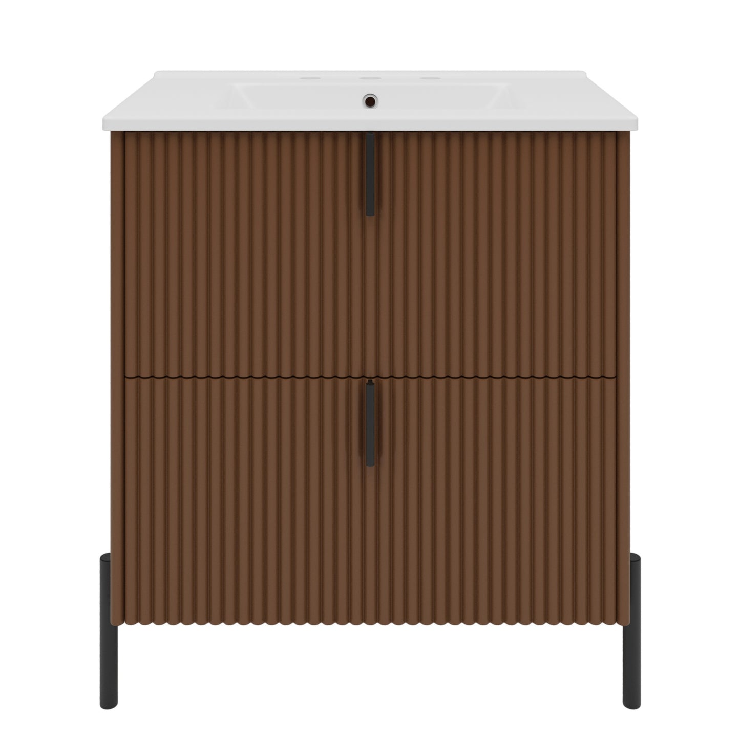 30' Bathroom Vanity with Ceramic Sink, Equipped with Vertical Pulls and Full-Extension Drawers, Freestanding Bathroom Vanity with Soft Close Drawer Slides, Fluted Design, Dark Brown
