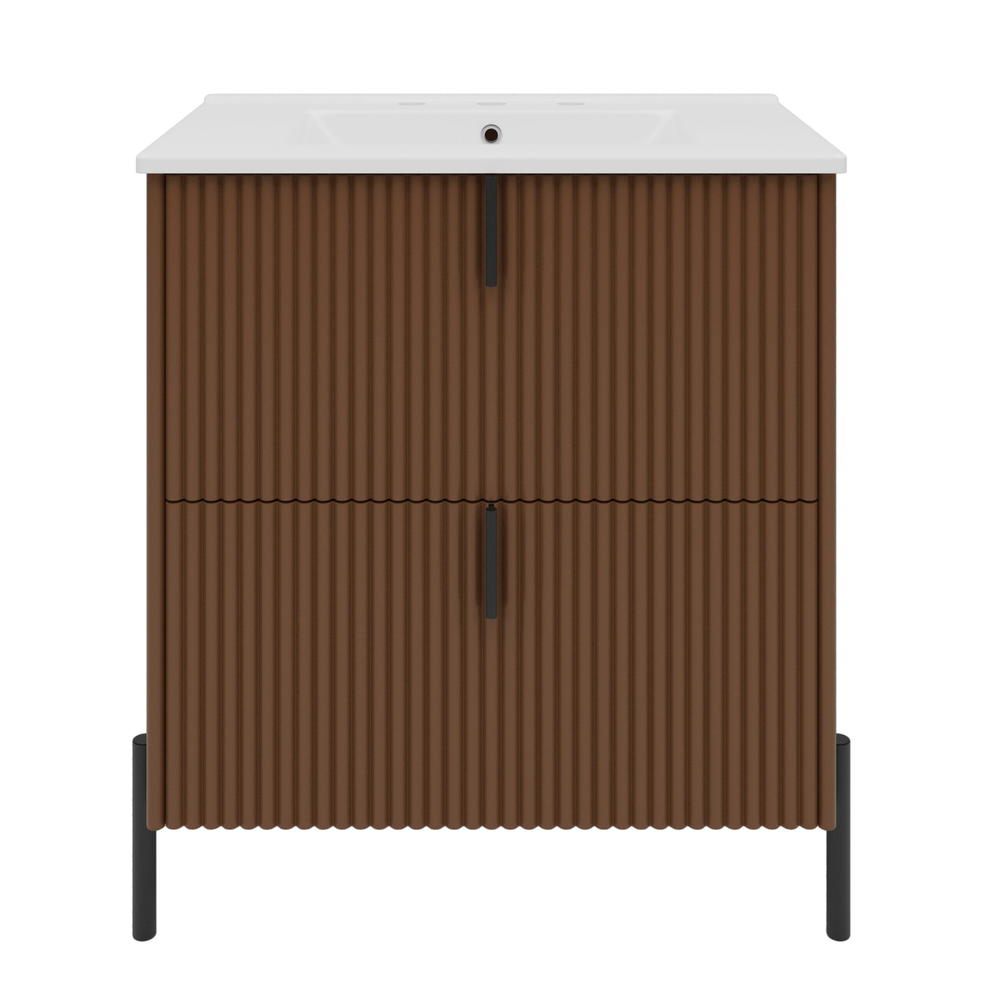 30' Bathroom Vanity with Ceramic Sink, Equipped with Vertical Pulls and Full-Extension Drawers, Freestanding Bathroom Vanity with Soft Close Drawer Slides, Fluted Design, Dark Brown