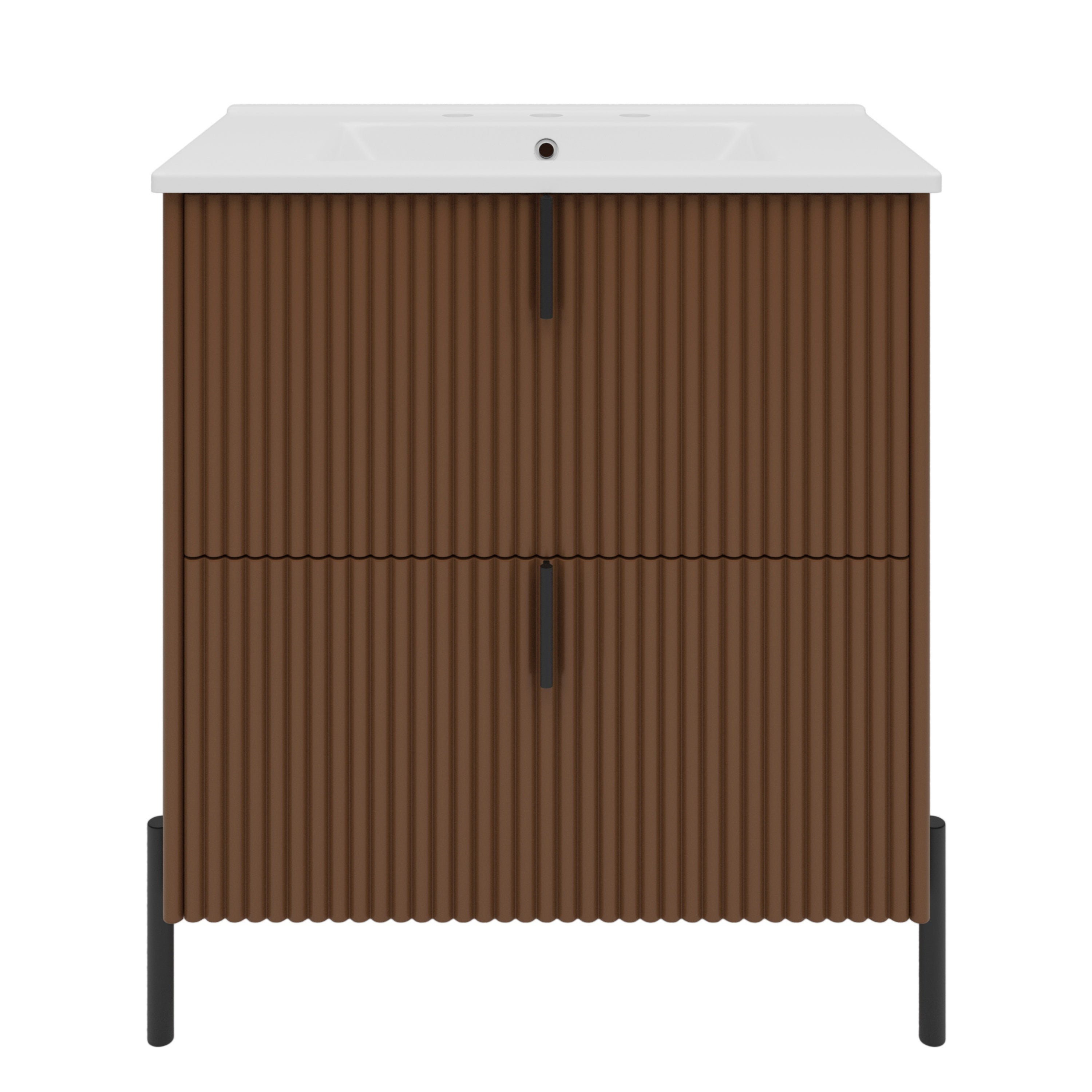 30' Bathroom Vanity with Ceramic Sink, Equipped with Vertical Pulls and Full-Extension Drawers, Freestanding Bathroom Vanity with Soft Close Drawer Slides, Fluted Design, Dark Brown