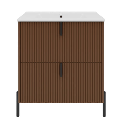 30' Bathroom Vanity with Ceramic Sink, Equipped with Vertical Pulls and Full-Extension Drawers, Freestanding Bathroom Vanity with Soft Close Drawer Slides, Fluted Design, Dark Brown