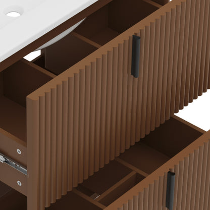 30' Bathroom Vanity with Ceramic Sink, Equipped with Vertical Pulls and Full-Extension Drawers, Freestanding Bathroom Vanity with Soft Close Drawer Slides, Fluted Design, Dark Brown