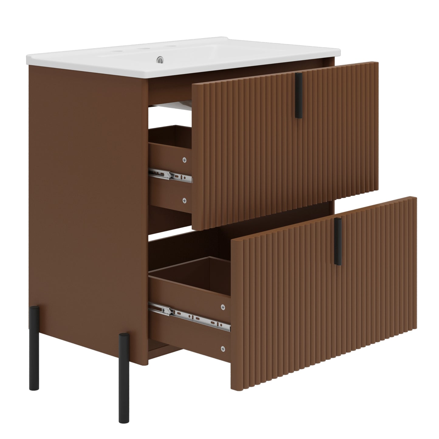 30' Bathroom Vanity with Ceramic Sink, Equipped with Vertical Pulls and Full-Extension Drawers, Freestanding Bathroom Vanity with Soft Close Drawer Slides, Fluted Design, Dark Brown