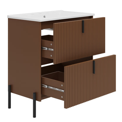 30' Bathroom Vanity with Ceramic Sink, Equipped with Vertical Pulls and Full-Extension Drawers, Freestanding Bathroom Vanity with Soft Close Drawer Slides, Fluted Design, Dark Brown