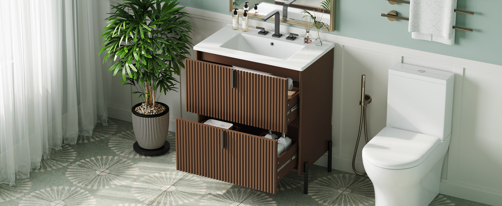 30' Bathroom Vanity with Ceramic Sink, Equipped with Vertical Pulls and Full-Extension Drawers, Freestanding Bathroom Vanity with Soft Close Drawer Slides, Fluted Design, Dark Brown