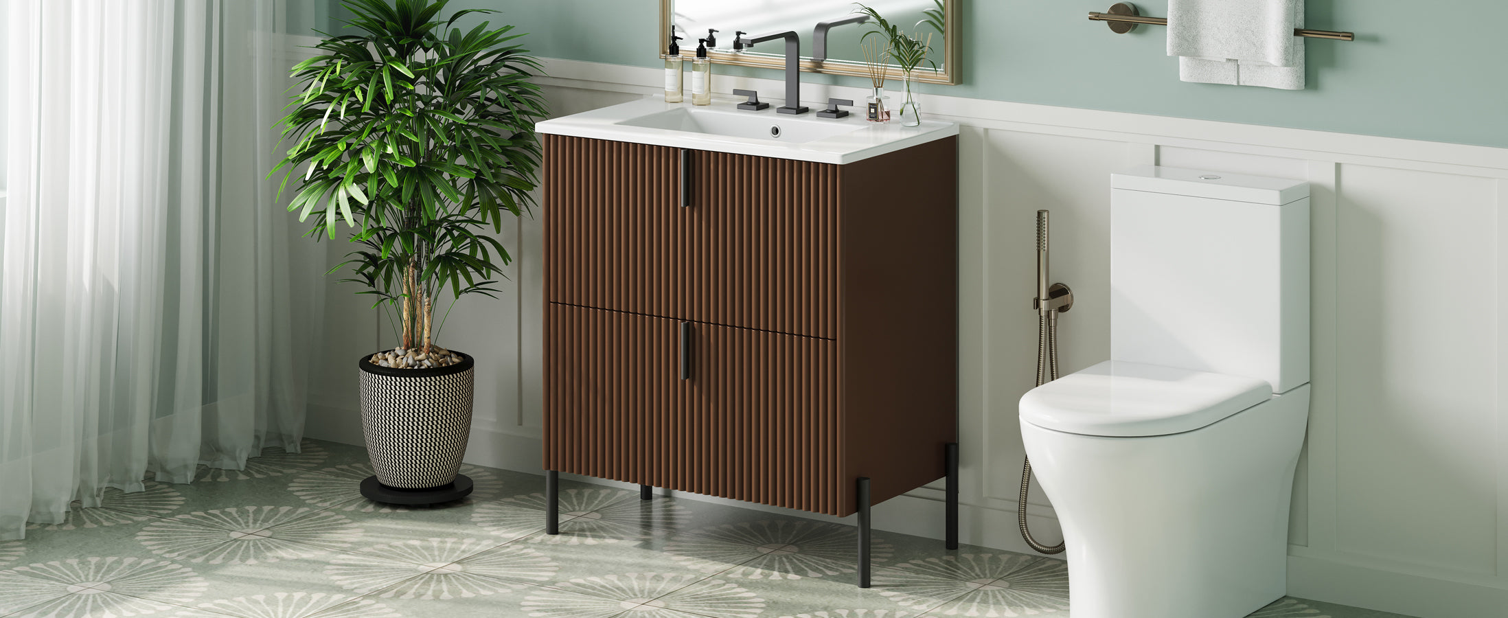 30' Bathroom Vanity with Ceramic Sink, Equipped with Vertical Pulls and Full-Extension Drawers, Freestanding Bathroom Vanity with Soft Close Drawer Slides, Fluted Design, Dark Brown