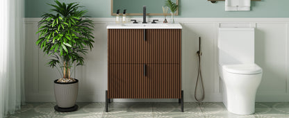 30' Bathroom Vanity with Ceramic Sink, Equipped with Vertical Pulls and Full-Extension Drawers, Freestanding Bathroom Vanity with Soft Close Drawer Slides, Fluted Design, Dark Brown