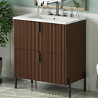30' Bathroom Vanity with Ceramic Sink, Equipped with Vertical Pulls and Full-Extension Drawers, Freestanding Bathroom Vanity with Soft Close Drawer Slides, Fluted Design, Dark Brown