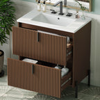 30' Bathroom Vanity with Ceramic Sink, Equipped with Vertical Pulls and Full-Extension Drawers, Freestanding Bathroom Vanity with Soft Close Drawer Slides, Fluted Design, Dark Brown