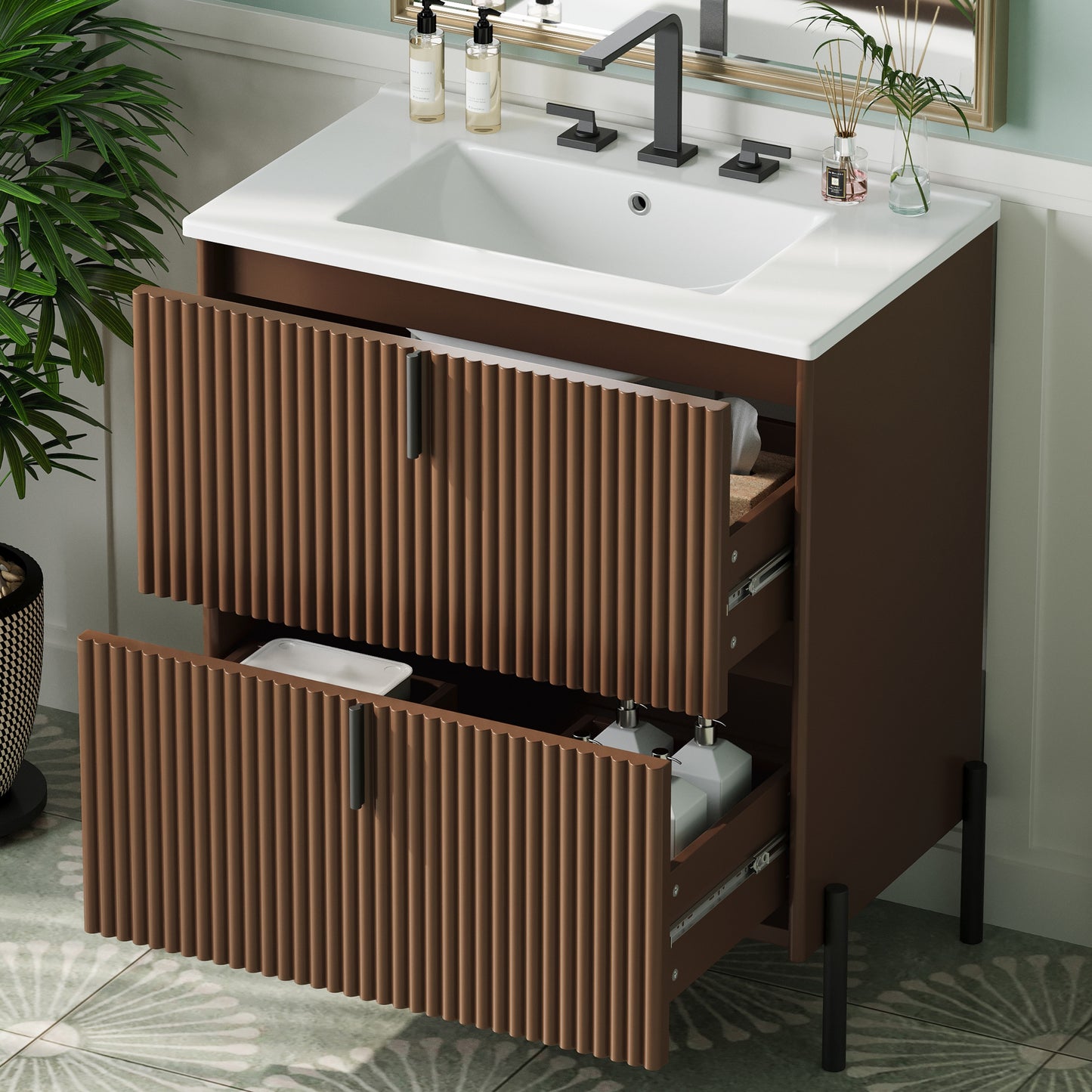 30' Bathroom Vanity with Ceramic Sink, Equipped with Vertical Pulls and Full-Extension Drawers, Freestanding Bathroom Vanity with Soft Close Drawer Slides, Fluted Design, Dark Brown