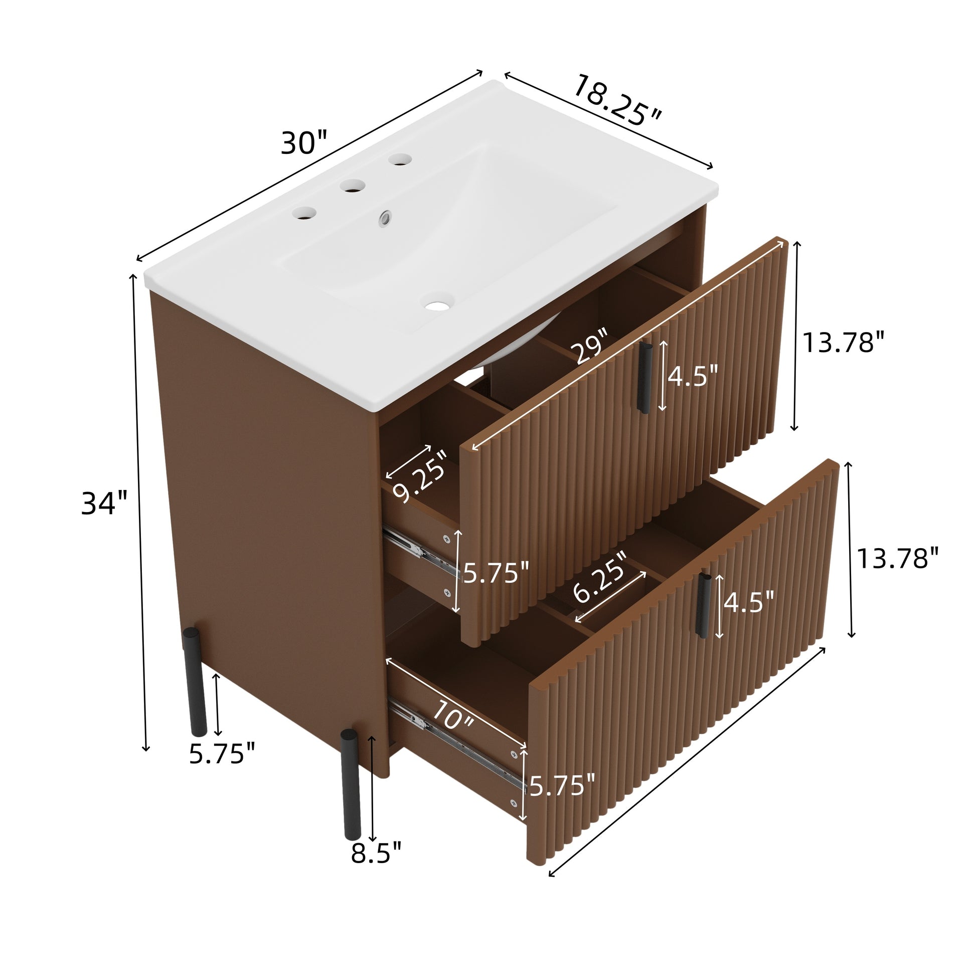 30' Bathroom Vanity with Ceramic Sink, Equipped with Vertical Pulls and Full-Extension Drawers, Freestanding Bathroom Vanity with Soft Close Drawer Slides, Fluted Design, Dark Brown