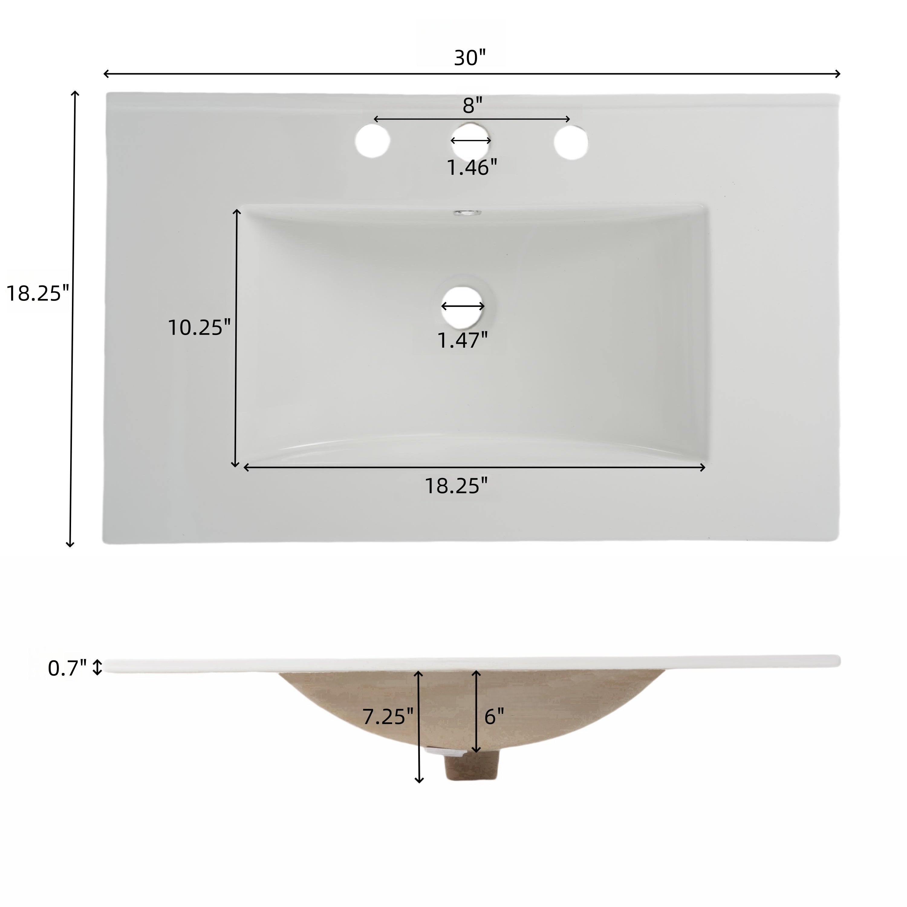 30' Bathroom Vanity with Ceramic Sink, Equipped with Vertical Pulls and Full-Extension Drawers, Freestanding Bathroom Vanity with Soft Close Drawer Slides, Fluted Design, Dark Brown