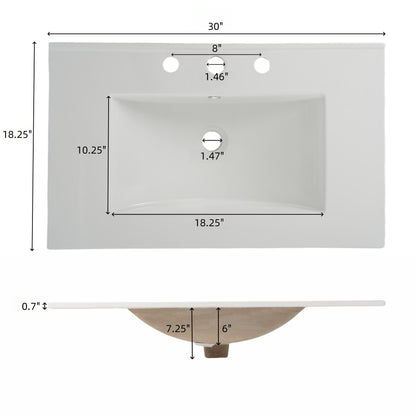 30' Bathroom Vanity with Ceramic Sink, Equipped with Vertical Pulls and Full-Extension Drawers, Freestanding Bathroom Vanity with Soft Close Drawer Slides, Fluted Design, Dark Brown