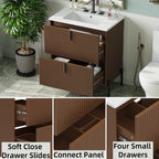 30' Bathroom Vanity with Ceramic Sink, Equipped with Vertical Pulls and Full-Extension Drawers, Freestanding Bathroom Vanity with Soft Close Drawer Slides, Fluted Design, Dark Brown