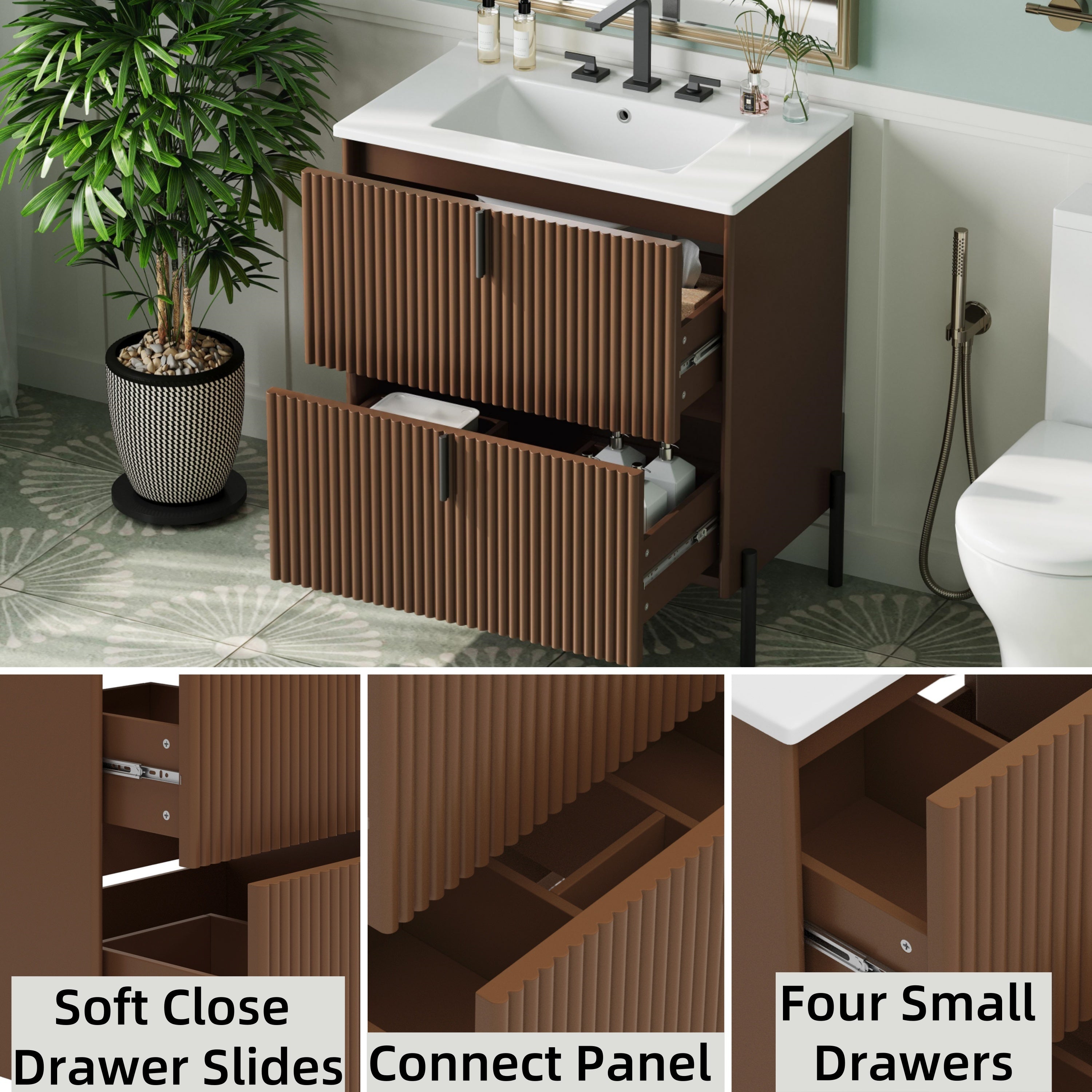 30' Bathroom Vanity with Ceramic Sink, Equipped with Vertical Pulls and Full-Extension Drawers, Freestanding Bathroom Vanity with Soft Close Drawer Slides, Fluted Design, Dark Brown