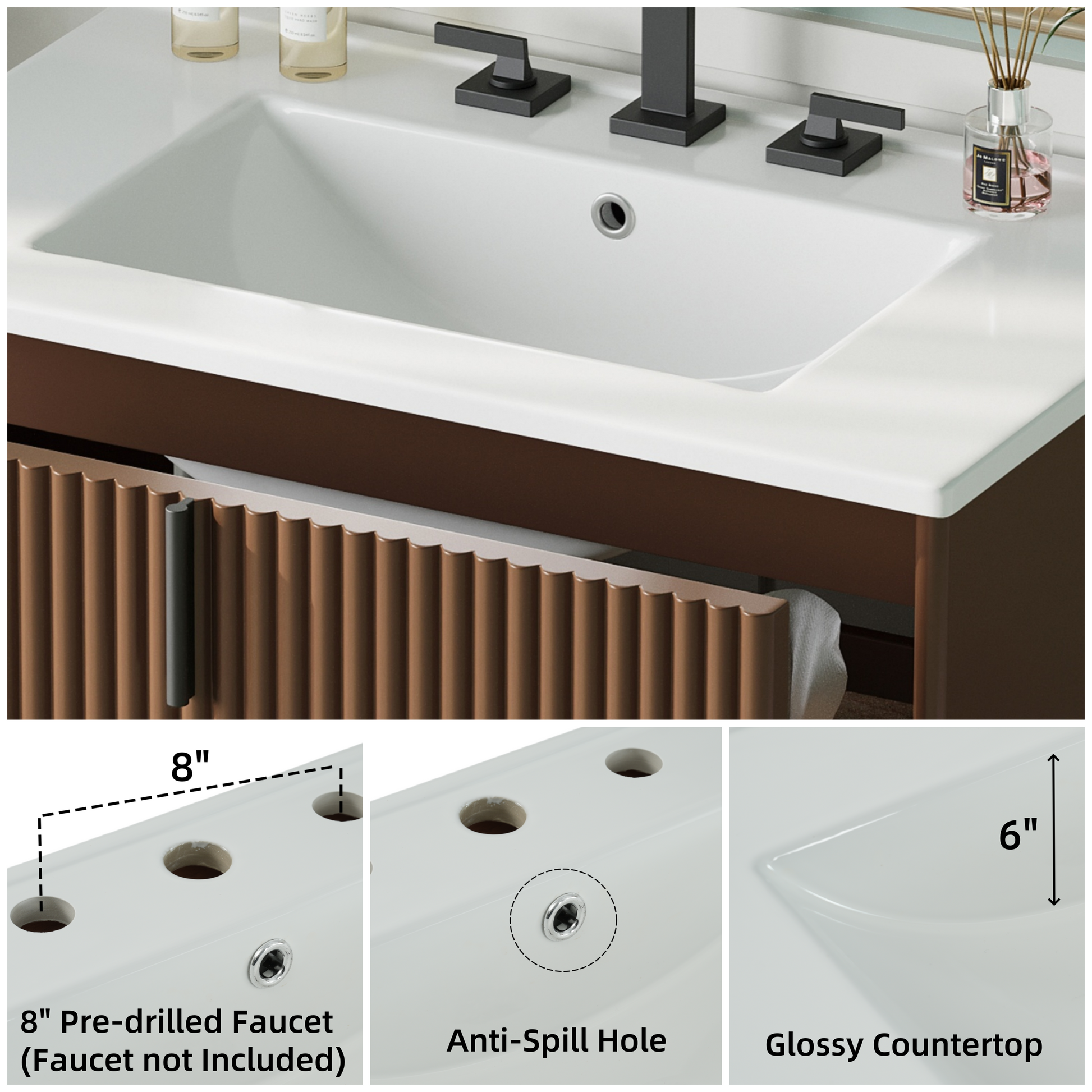 30' Bathroom Vanity with Ceramic Sink, Equipped with Vertical Pulls and Full-Extension Drawers, Freestanding Bathroom Vanity with Soft Close Drawer Slides, Fluted Design, Dark Brown