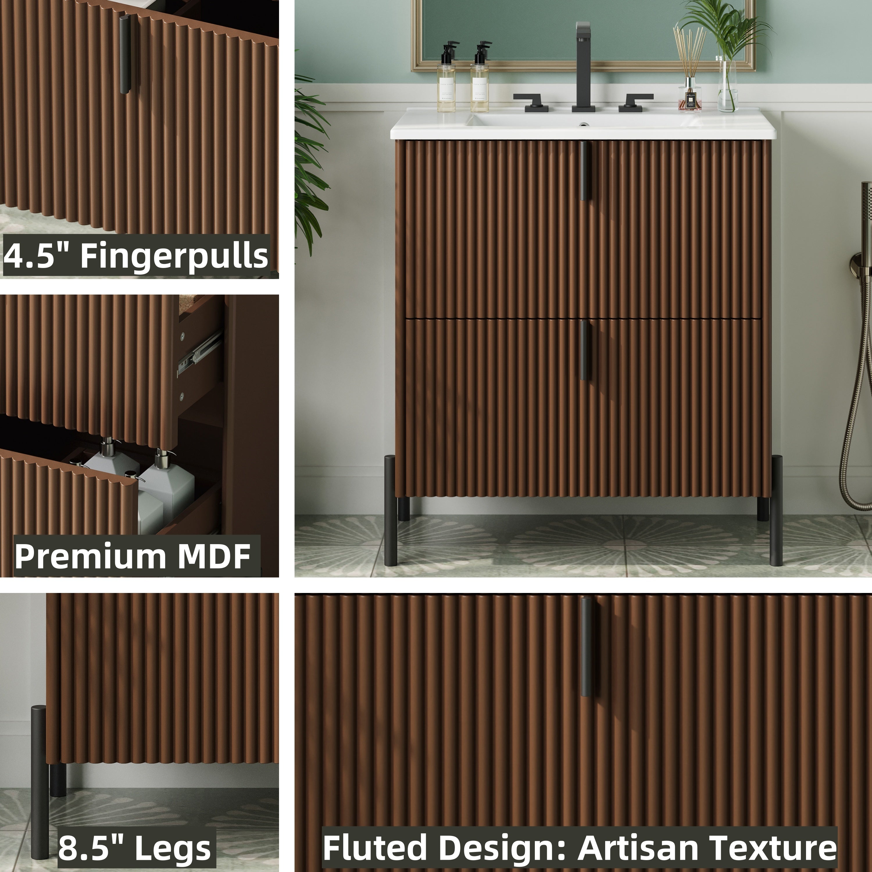 30' Bathroom Vanity with Ceramic Sink, Equipped with Vertical Pulls and Full-Extension Drawers, Freestanding Bathroom Vanity with Soft Close Drawer Slides, Fluted Design, Dark Brown