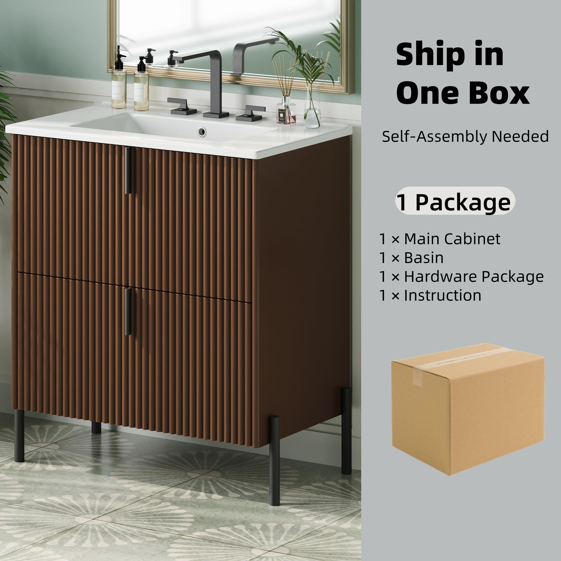 30' Bathroom Vanity with Ceramic Sink, Equipped with Vertical Pulls and Full-Extension Drawers, Freestanding Bathroom Vanity with Soft Close Drawer Slides, Fluted Design, Dark Brown