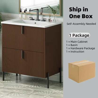 30' Bathroom Vanity with Ceramic Sink, Equipped with Vertical Pulls and Full-Extension Drawers, Freestanding Bathroom Vanity with Soft Close Drawer Slides, Fluted Design, Dark Brown