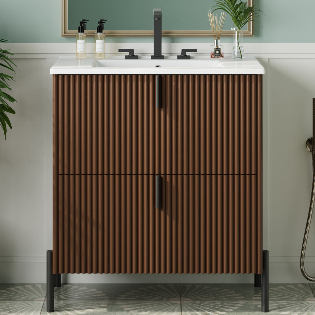 30' Bathroom Vanity with Ceramic Sink, Equipped with Vertical Pulls and Full-Extension Drawers, Freestanding Bathroom Vanity with Soft Close Drawer Slides, Fluted Design, Dark Brown