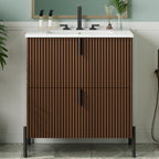 30' Bathroom Vanity with Ceramic Sink, Equipped with Vertical Pulls and Full-Extension Drawers, Freestanding Bathroom Vanity with Soft Close Drawer Slides, Fluted Design, Dark Brown