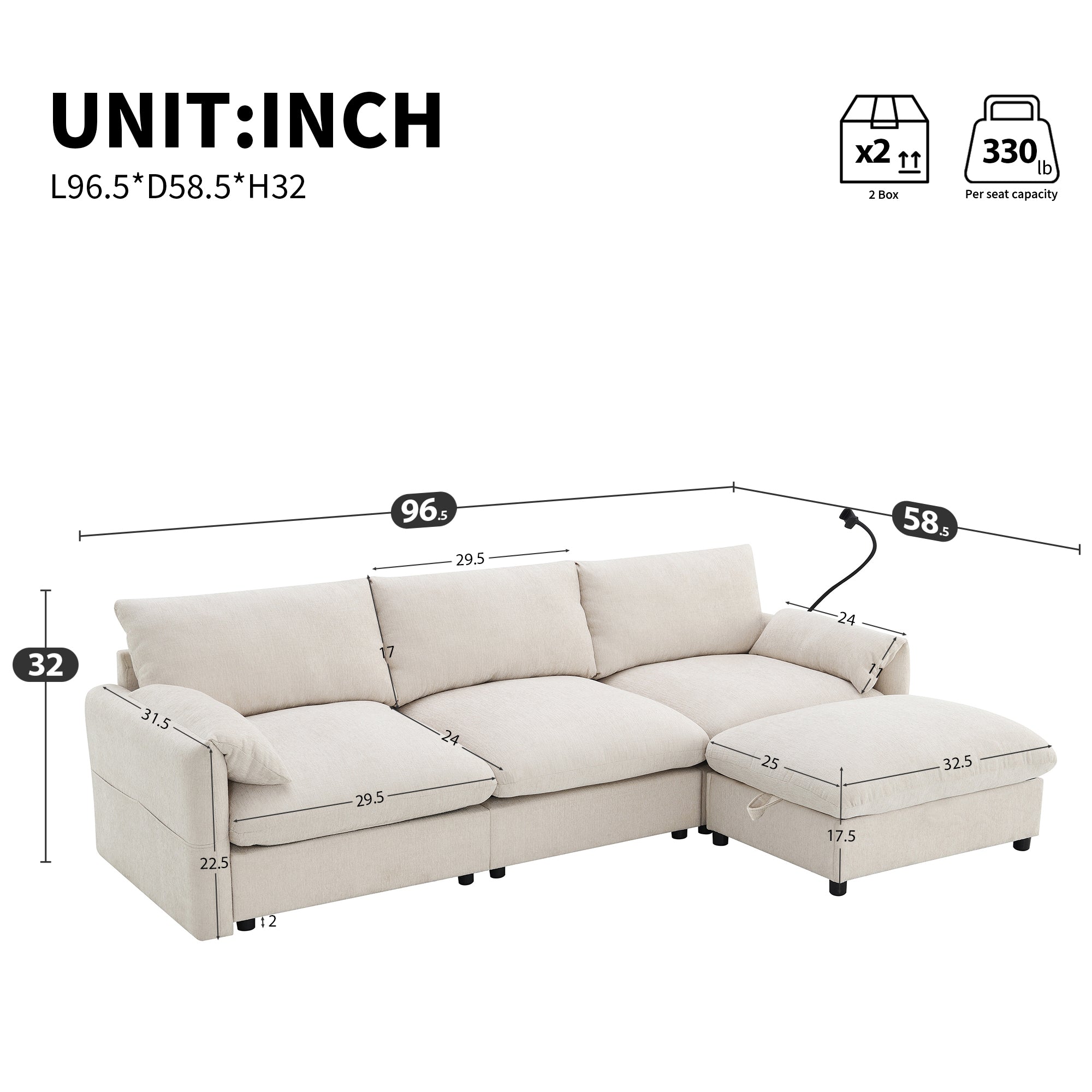 Dimensions of L-shaped sectional sofa with storage ottoman and USB port, showing measurements and seating capacity for home or apartment use.