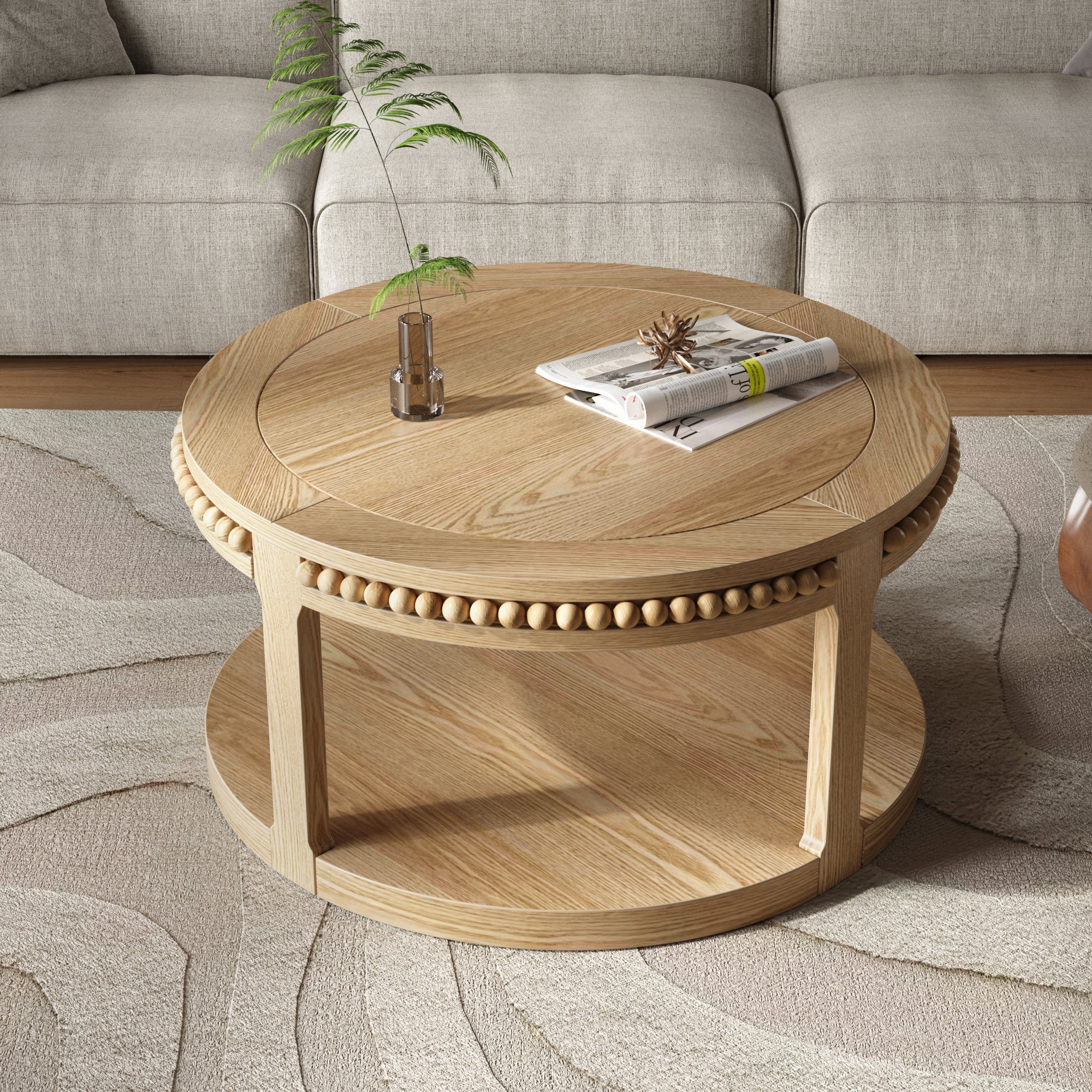 31.5 Inch Round Solid Wood Coffee Table & Sofa Table - Two-Tier Thickened Top, Sturdy Legs, Circle Table for Living Room (Natural Wood)